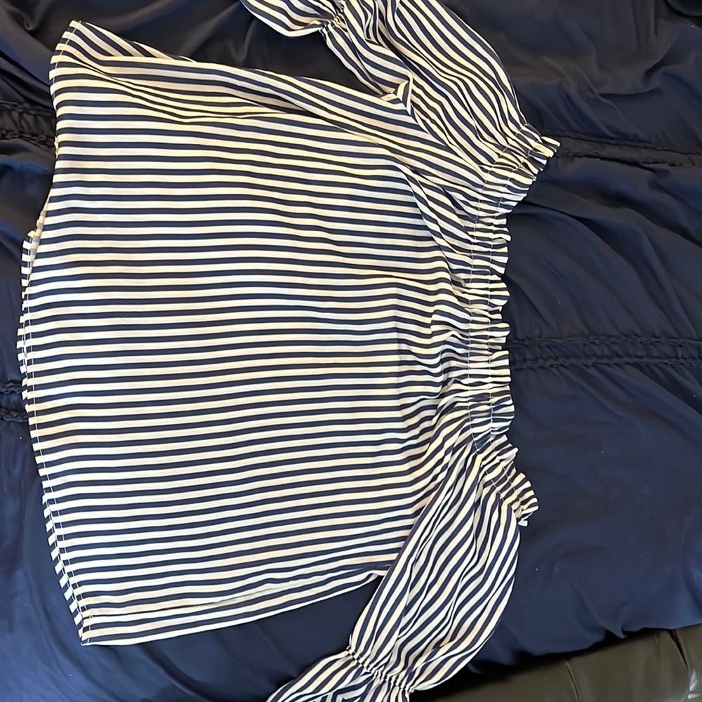 Off the shoulder navy and white striped ruffle sleeve blouse